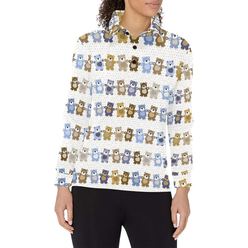 Teddy Bear Pattern Print Design 02 Women's Long Sleeve Polo Shirt