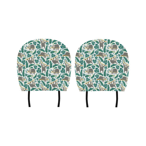 Cute sloths tropical palm leaves white background Car Headrest Cover