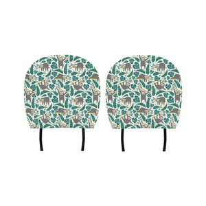 Cute sloths tropical palm leaves white background Car Headrest Cover