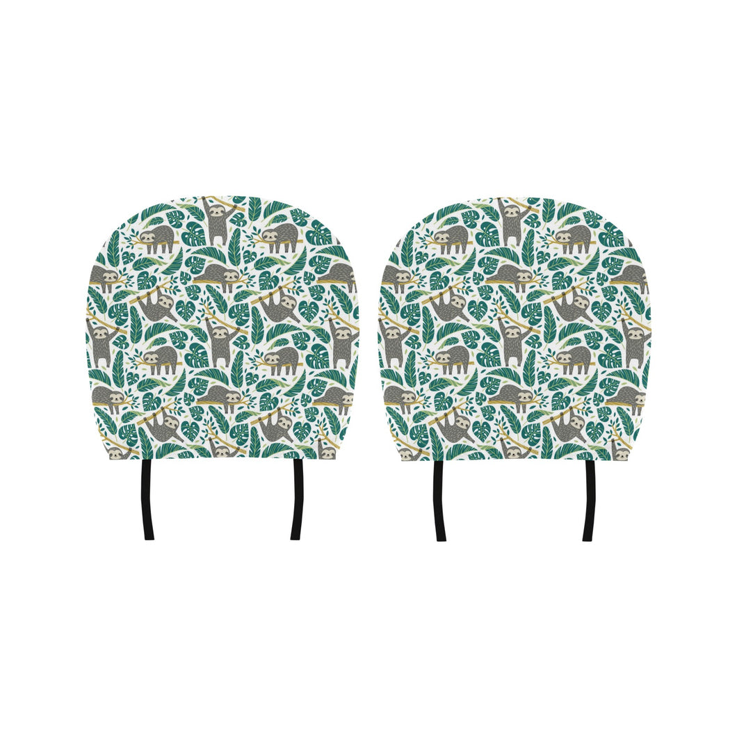 Cute sloths tropical palm leaves white background Car Headrest Cover