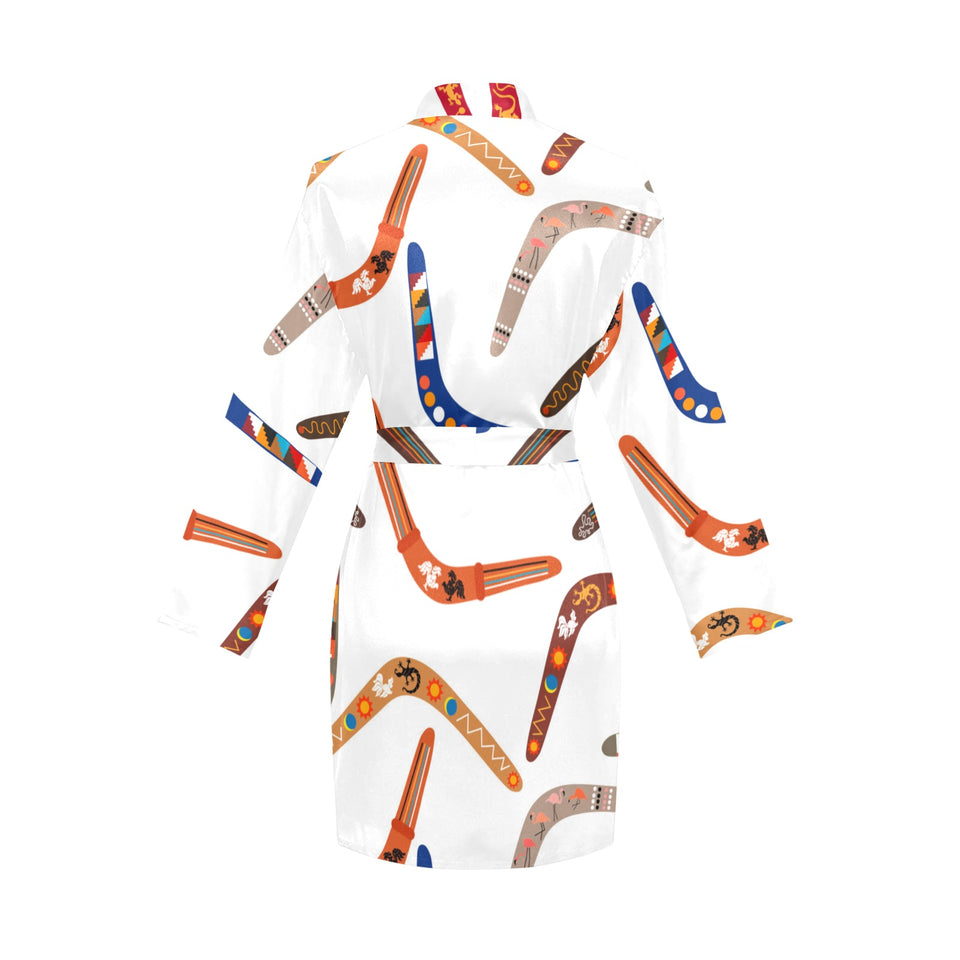 Boomerang Australian aboriginal ornament pattern Women's Long Sleeve Belted Night Robe