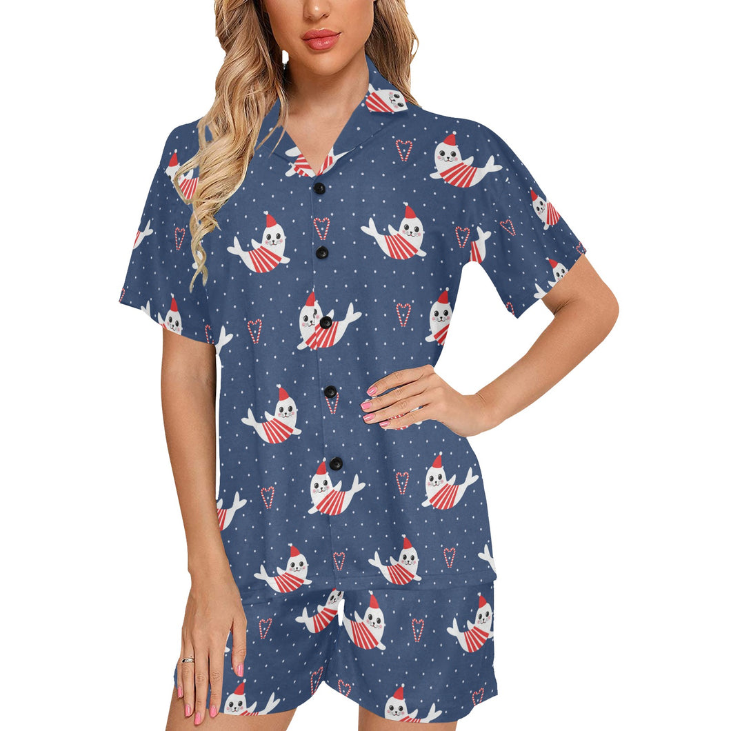 Cute sea lion seal christmas hat candy cane heart Women's V-Neck Short Pajama Set