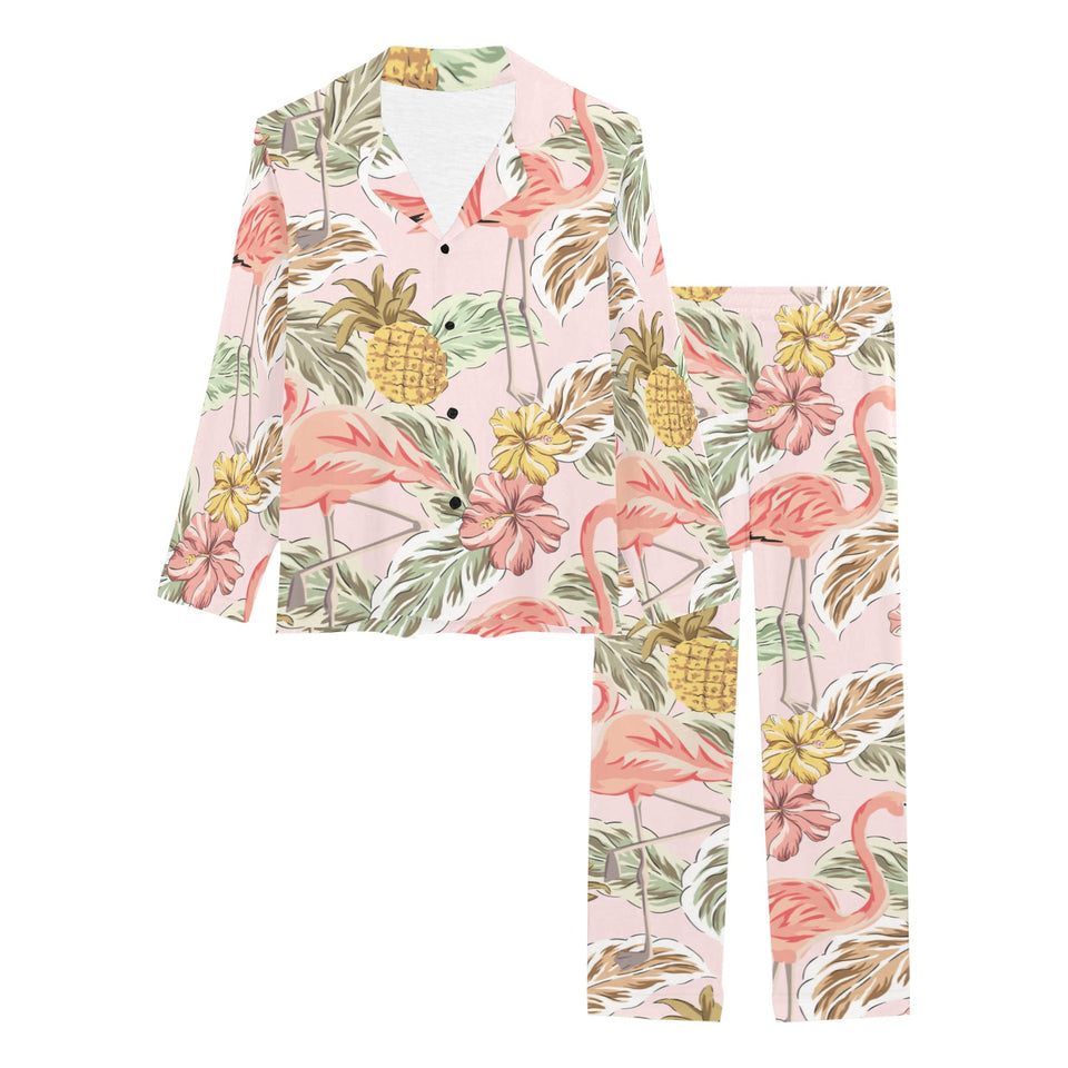 Pink flamingo birds pineapples hibiscus flower pat Women's Long Pajama Set
