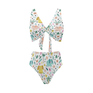 Cute elephants palm tree flower butterfly pattern Chest Bowknot High Waisted Bikini Swimsuit