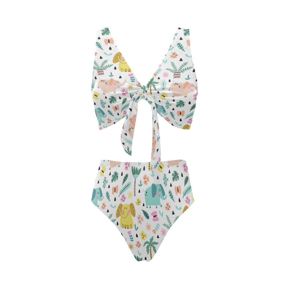 Cute elephants palm tree flower butterfly pattern Chest Bowknot High Waisted Bikini Swimsuit