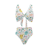 Cute elephants palm tree flower butterfly pattern Chest Bowknot High Waisted Bikini Swimsuit