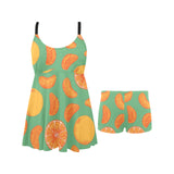 orange fruit pattern green background Chest Sexy Pleated Two Piece Swim Dress