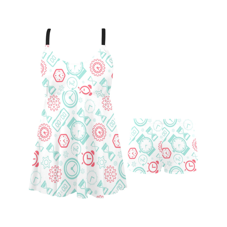 Clock time pattern blackground Chest Sexy Pleated Two Piece Swim Dress