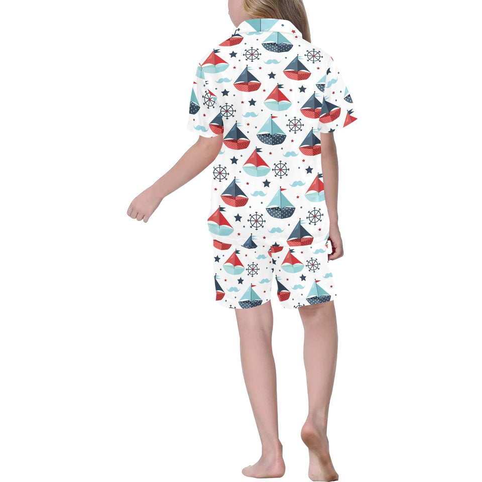 Cute color paper sailboat pattern Kids' Boys' Girls' V-Neck Short Pajama Set