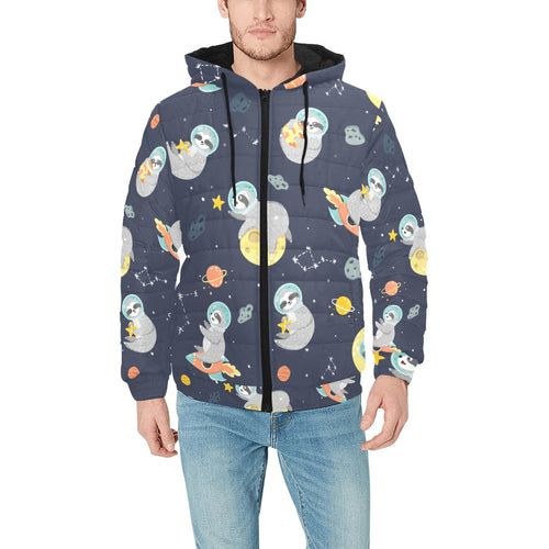 Cute sloth astronaut star planet rocket pattern Men's Padded Hooded Jacket