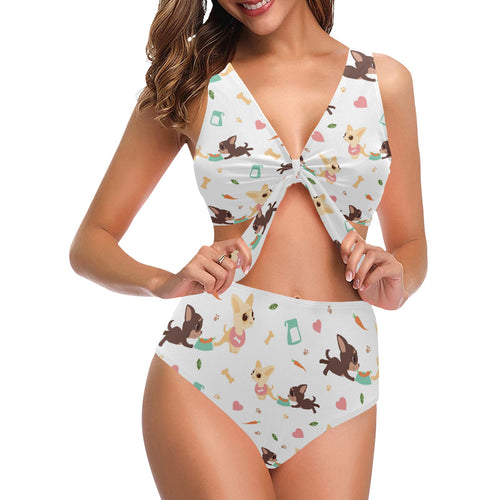 Cute Chihuahua puppie pattern Chest Bowknot High Waisted Bikini Swimsuit