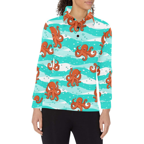 Octopuses sea wave background Women's Long Sleeve Polo Shirt