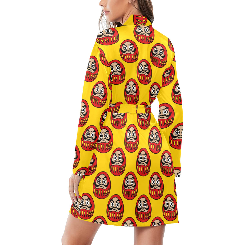 Daruma japanese wooden doll yellow background Women's Long Sleeve Belted Night Robe