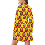 Daruma japanese wooden doll yellow background Women's Long Sleeve Belted Night Robe