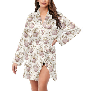 Tea pots Pattern Print Design 03 Women's Long Sleeve Belted Night Robe