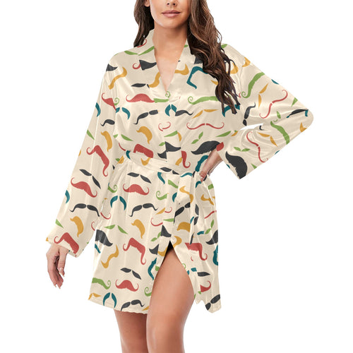 Mustache Beard Pattern Print Design 03 Women's Long Sleeve Belted Night Robe