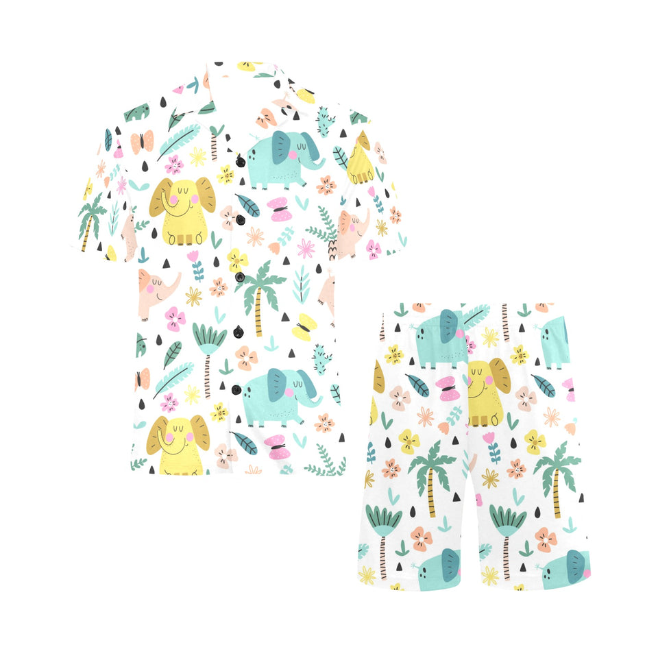 Cute elephants palm tree flower butterfly pattern Men's V-Neck Short Pajama Set