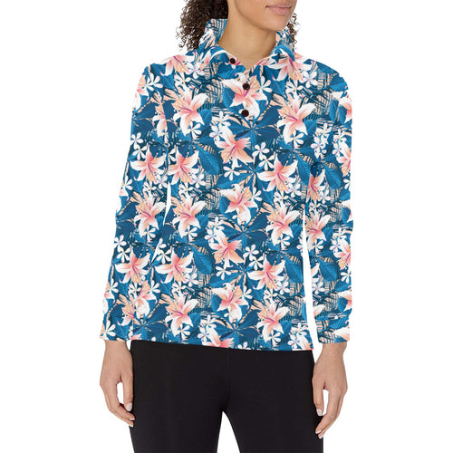 Hibiscus Pattern Print Design 02 Women's Long Sleeve Polo Shirt