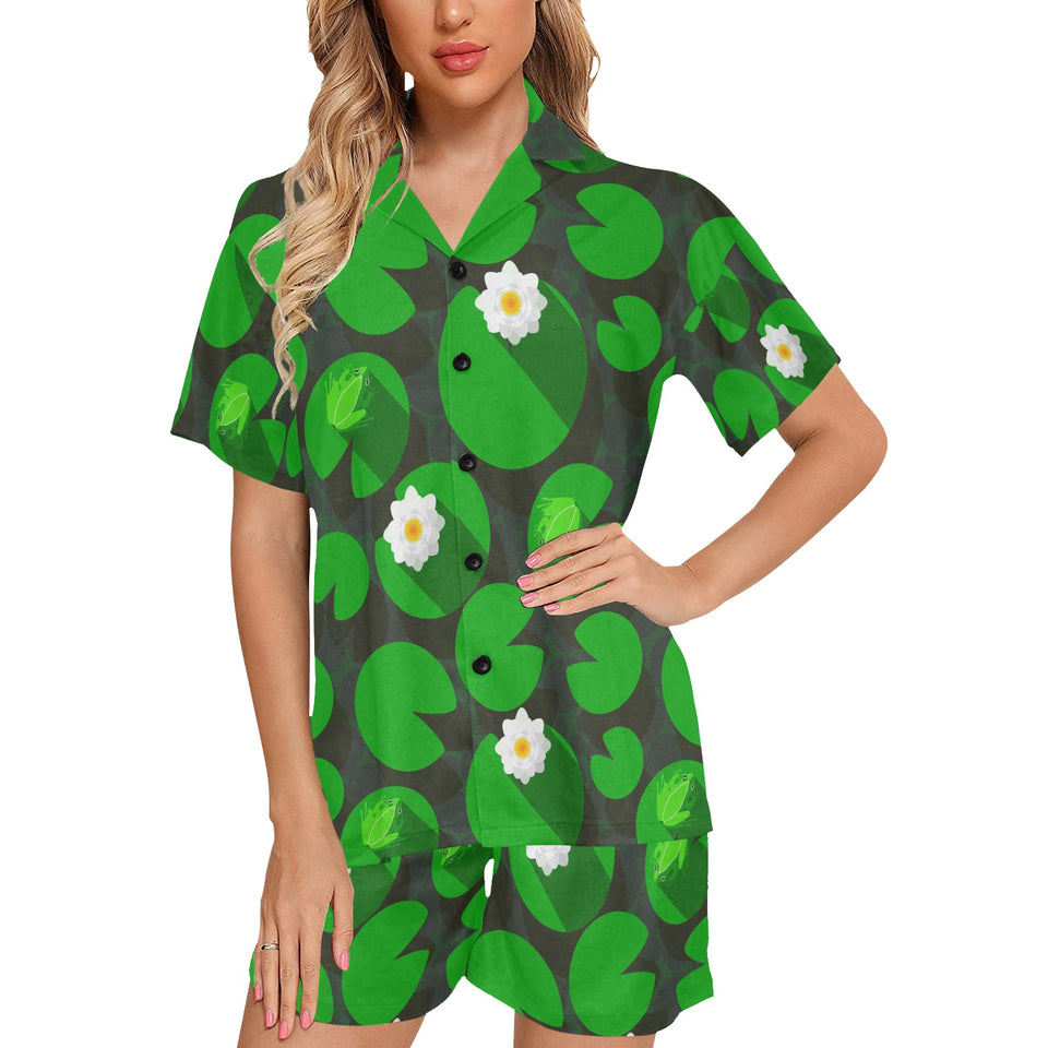 Frog waterlily pattern Women's V-Neck Short Pajama Set