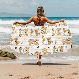 Cute dog corgi striped background pattern Beach Towel