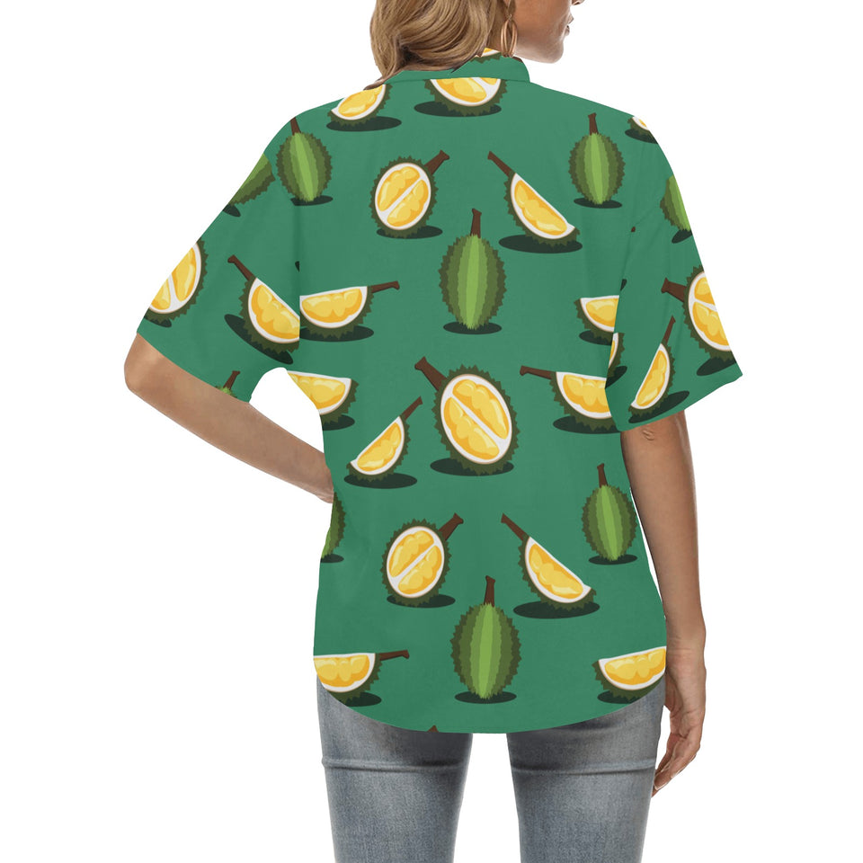 Durian pattern green background Women's All Over Print Hawaiian Shirt