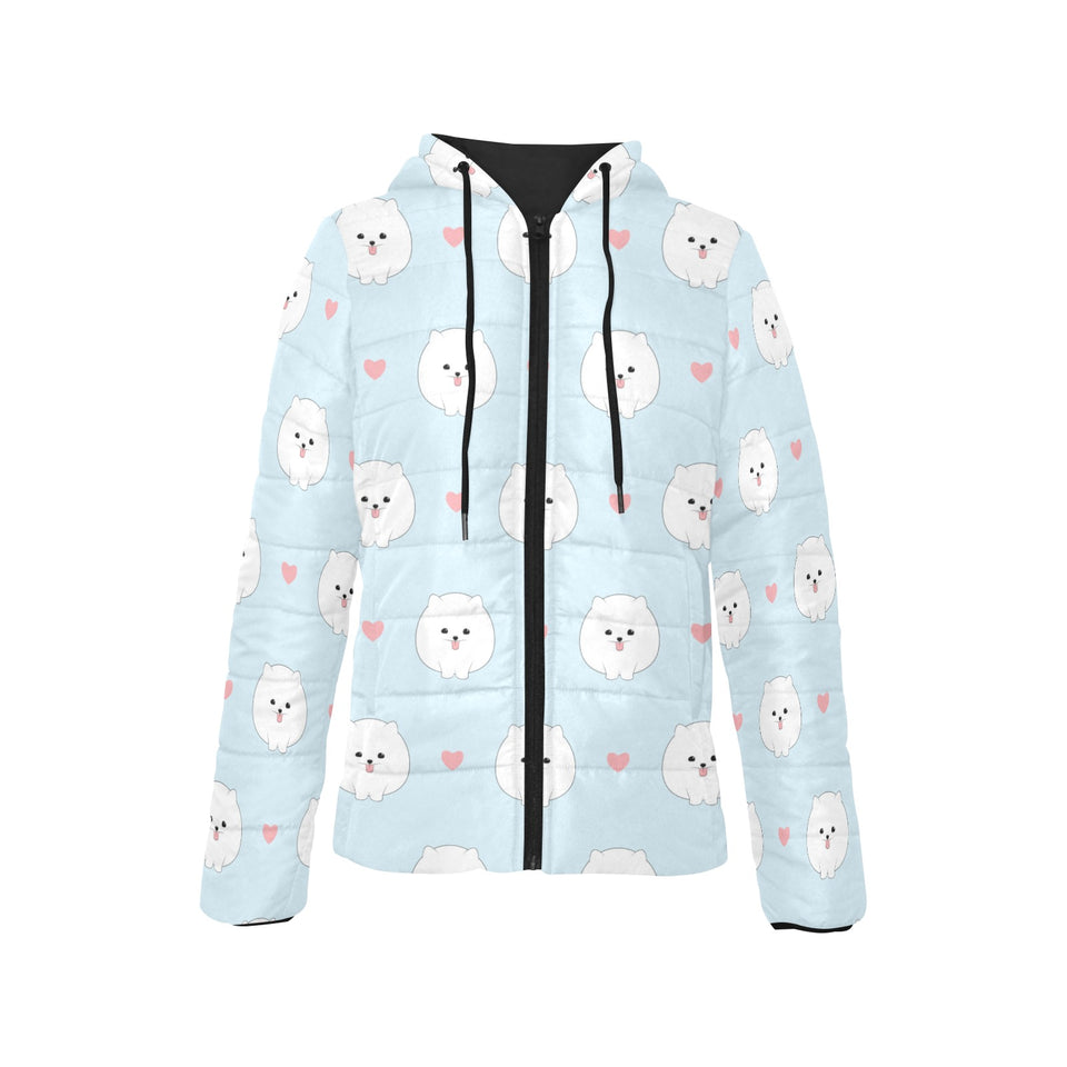 White cute pomeranian pattern Women's Padded Hooded Jacket