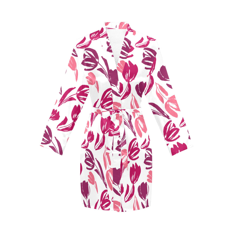 pink sketch tulip pattern Women's Long Sleeve Belted Night Robe