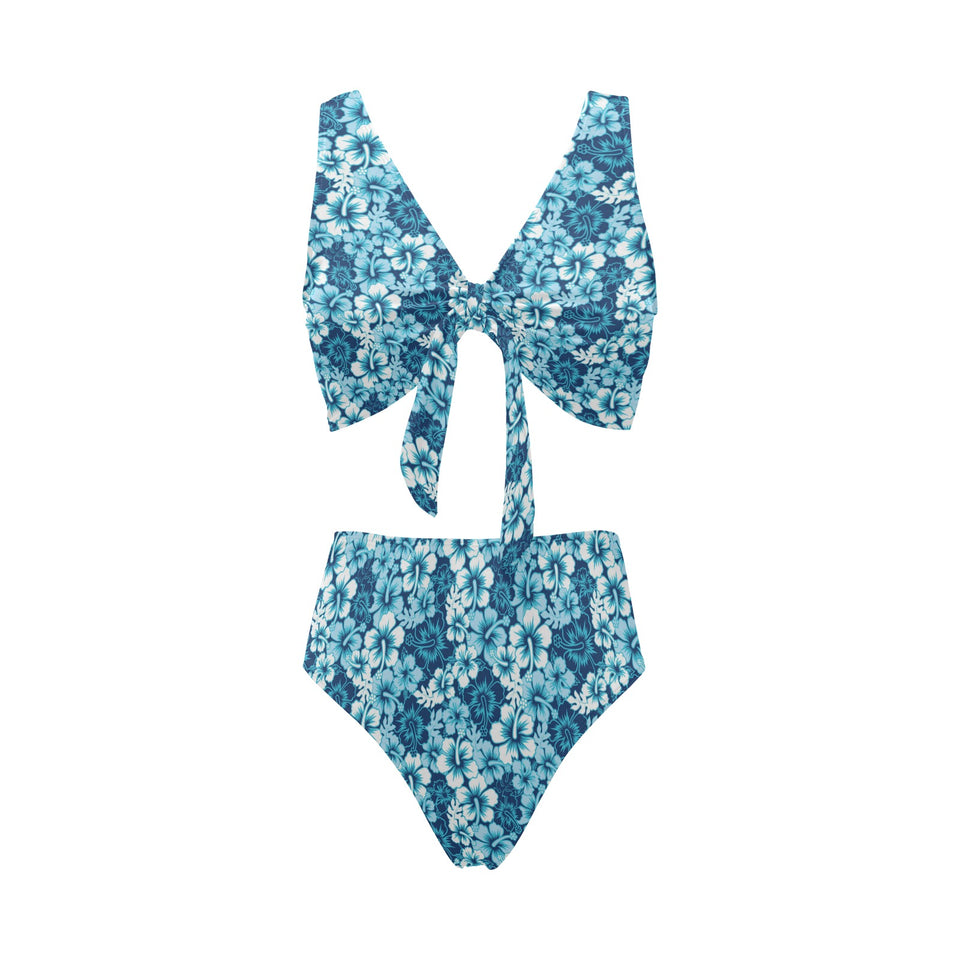 Hibiscus Pattern Print Design 03 Chest Bowknot High Waisted Bikini Swimsuit