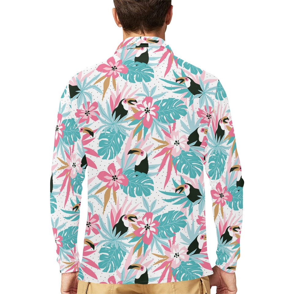 Toucan tropical flower leave pattern Men's Long Sleeve Polo Shirt