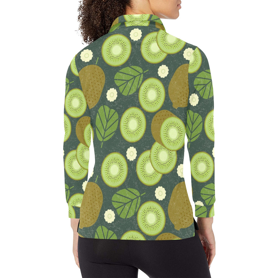 Whole sliced kiwi leave and flower Women's Long Sleeve Polo Shirt