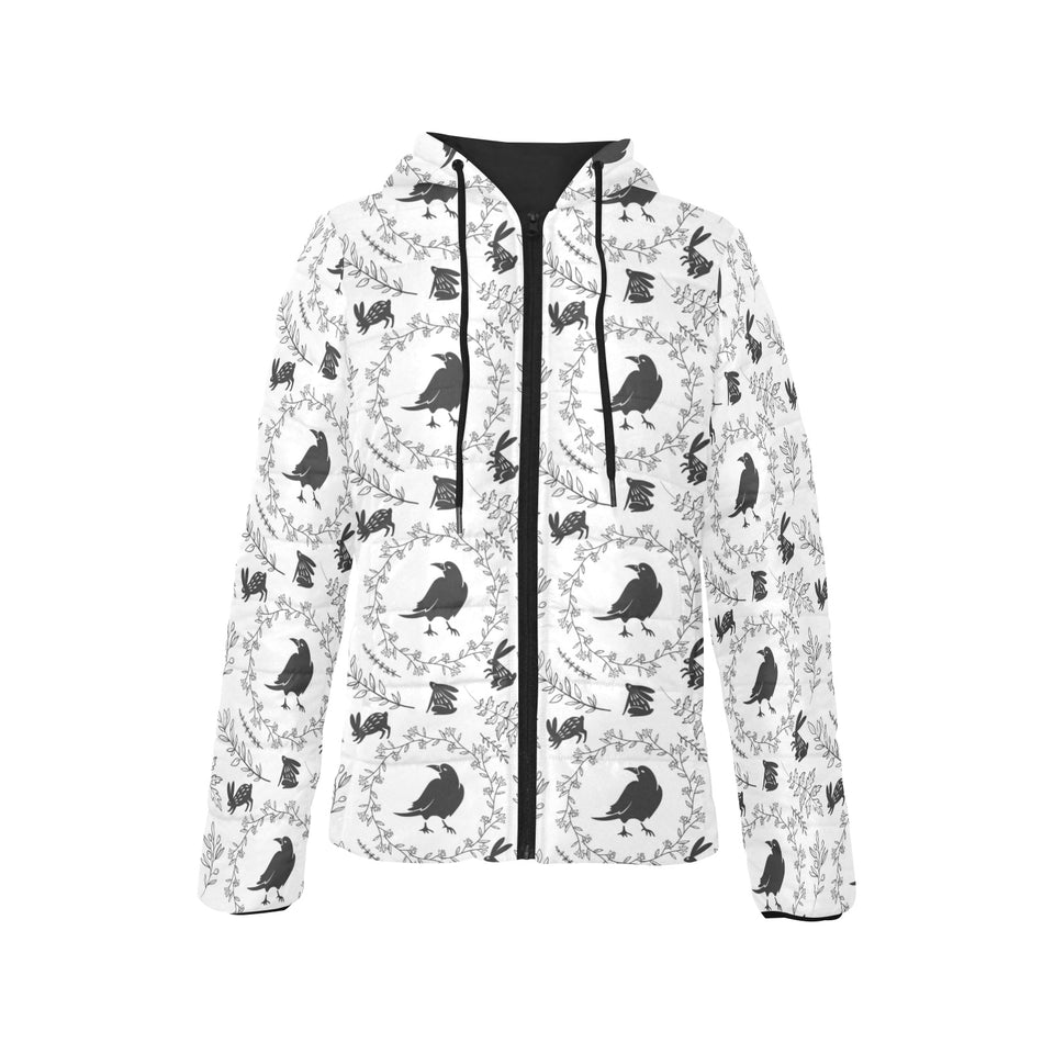 Crows floral wreath rabbit pattern Women's Padded Hooded Jacket