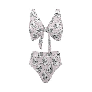 Cute french bulldog pattern Chest Bowknot High Waisted Bikini Swimsuit