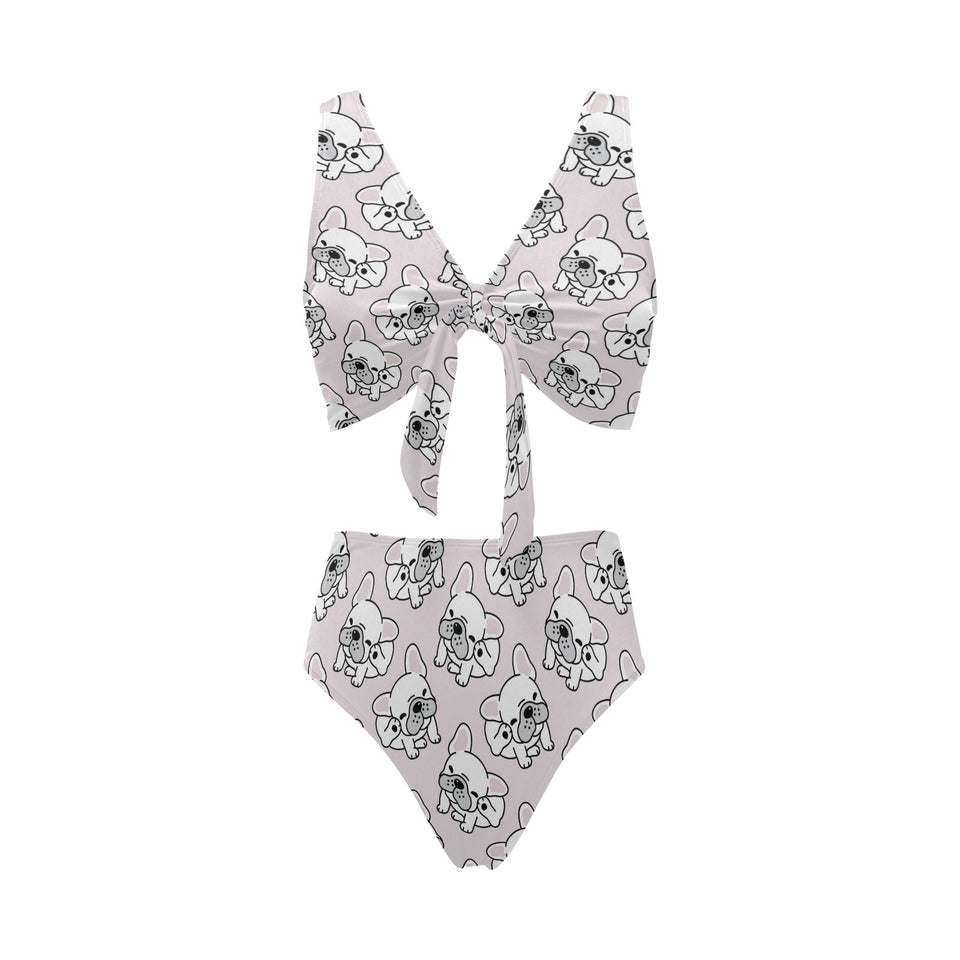 Cute french bulldog pattern Chest Bowknot High Waisted Bikini Swimsuit