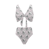Cute french bulldog pattern Chest Bowknot High Waisted Bikini Swimsuit