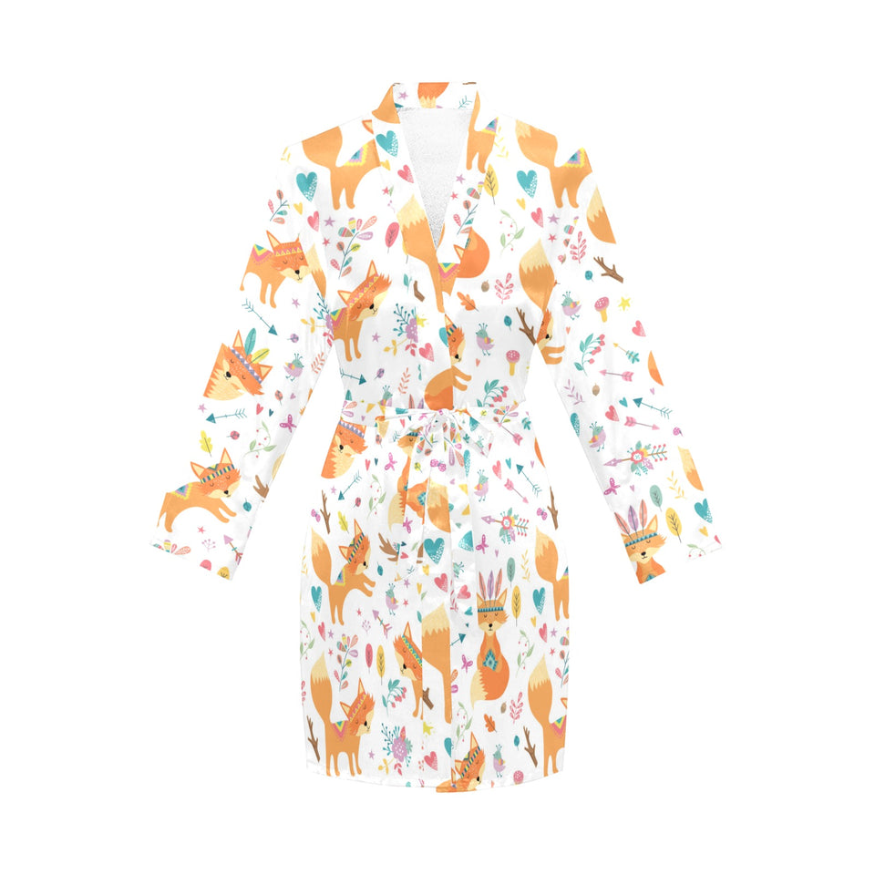 cute tribal fox pattern Women's Long Sleeve Belted Night Robe