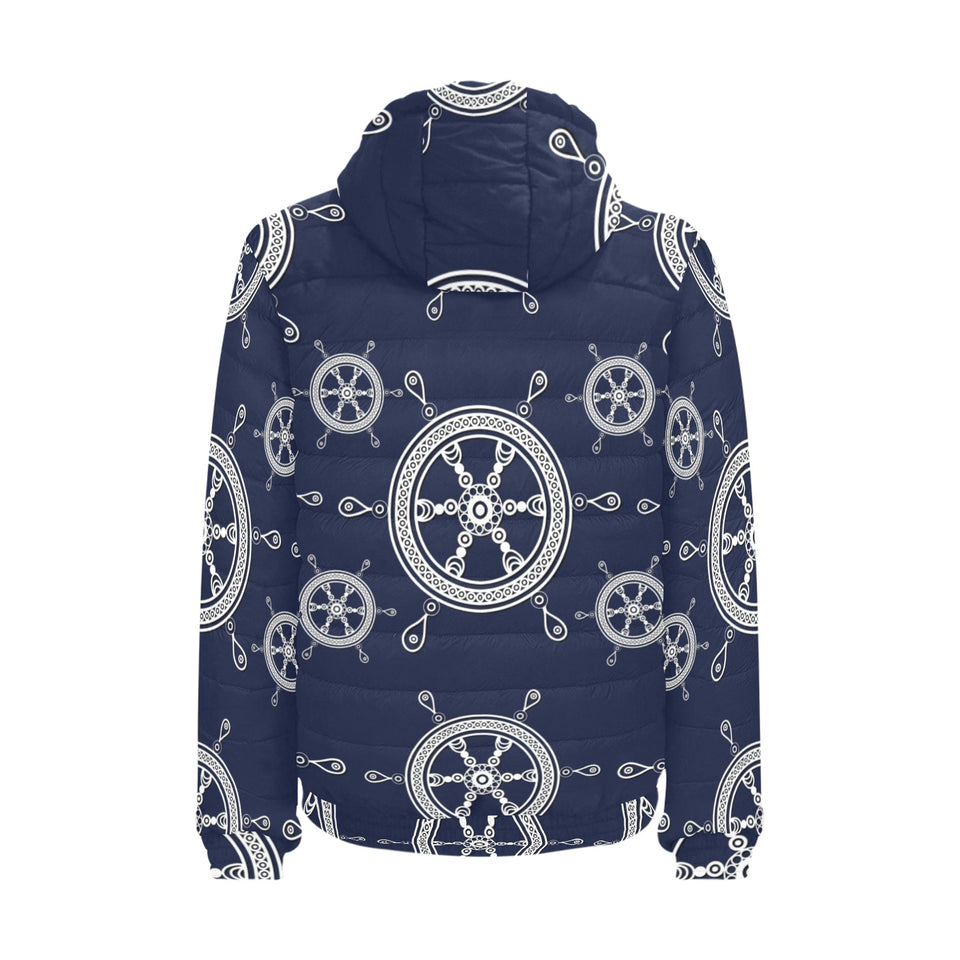 nautical steering wheel design pattern Men's Padded Hooded Jacket