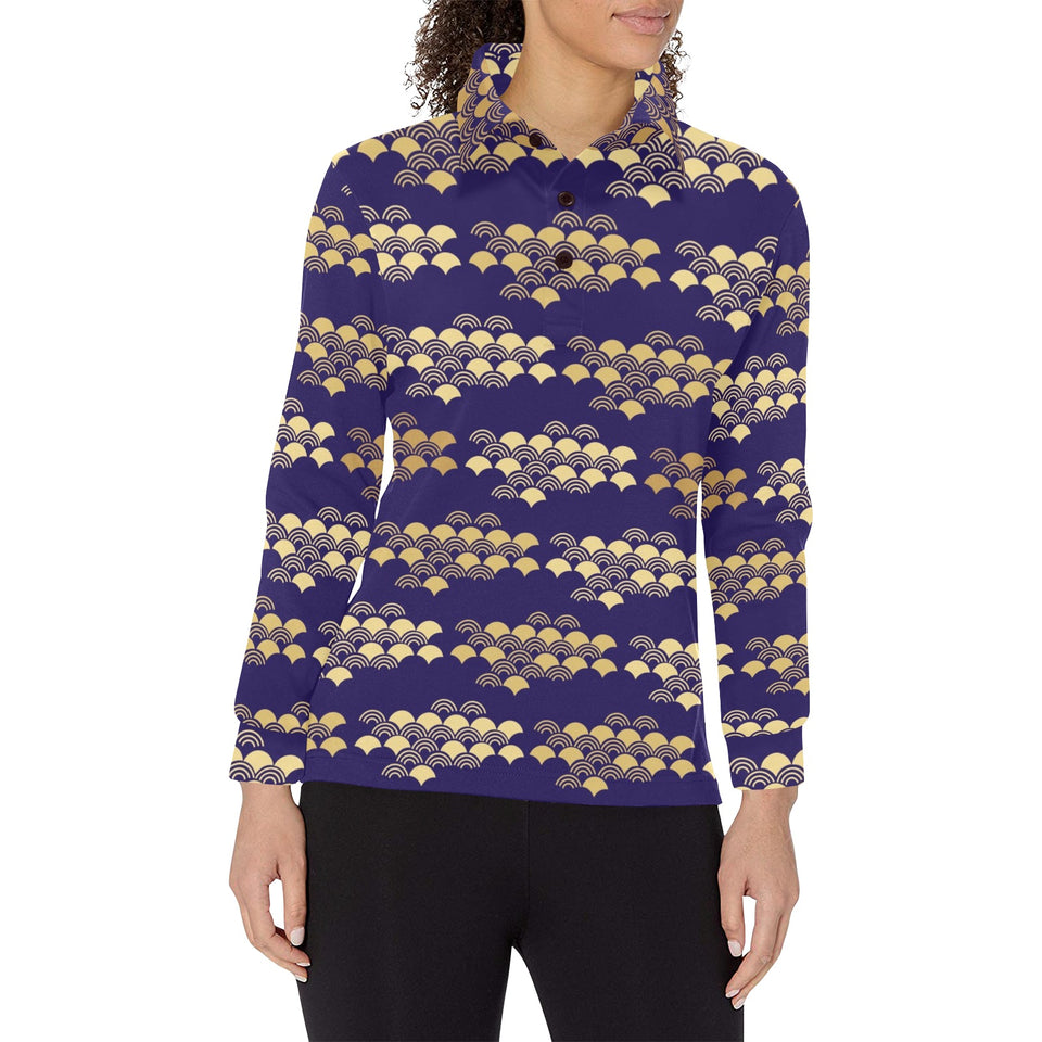 Beautiful japanese fan pattern Women's Long Sleeve Polo Shirt