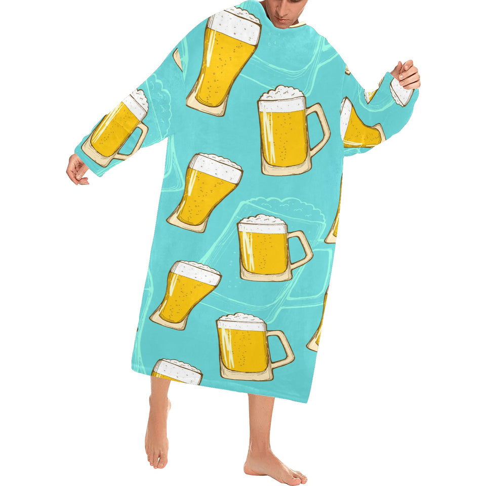 Beer pattern green background Blanket Robe with Sleeves