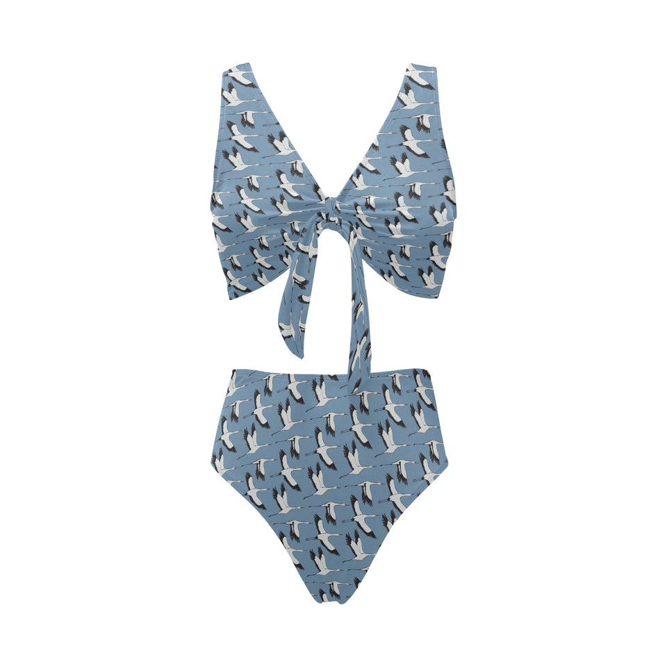 Seagull Pattern Print Design 04 Chest Bowknot High Waisted Bikini Swimsuit