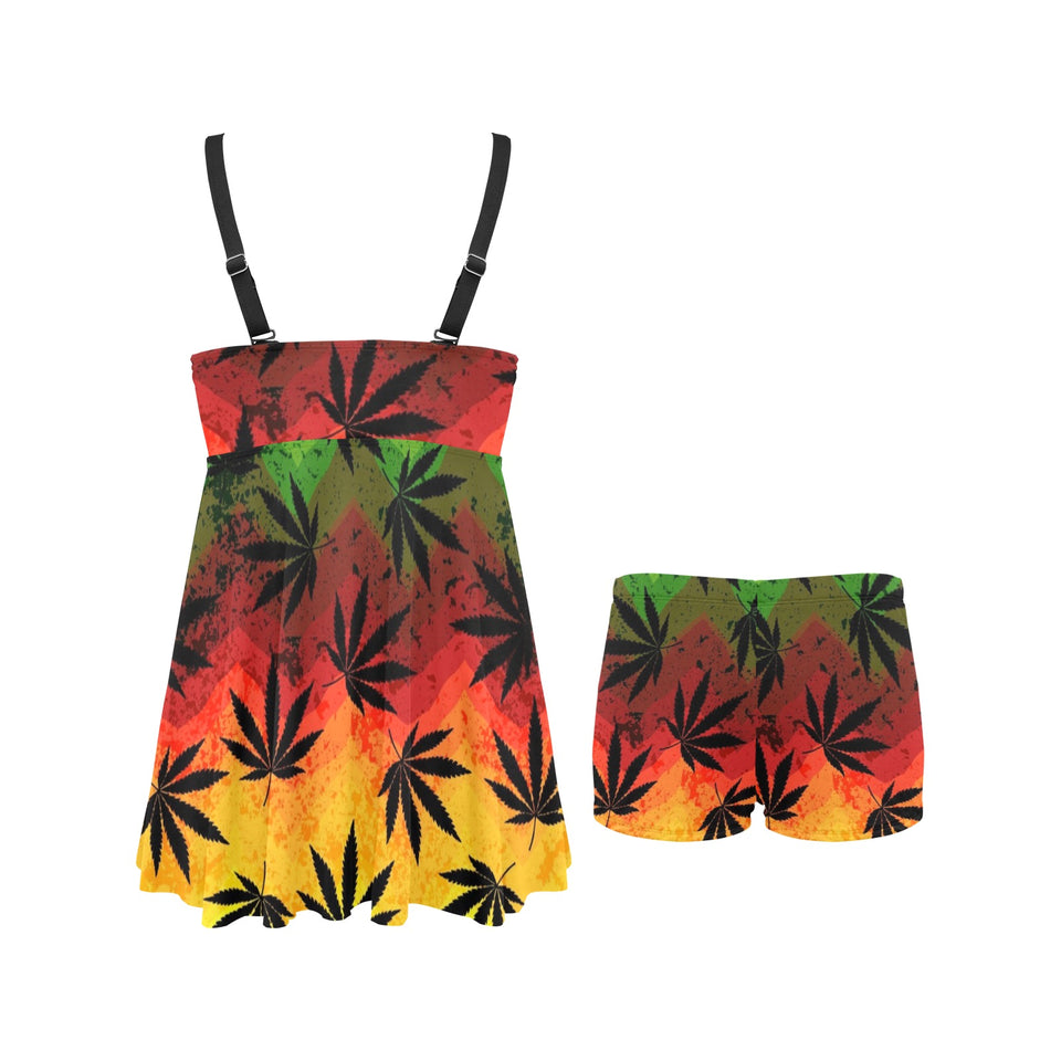 Canabis Marijuana Weed Pattern Print Design 03 Chest Sexy Pleated Two Piece Swim Dress