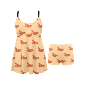 Sausage Pattern Print Design 03 Chest Sexy Pleated Two Piece Swim Dress