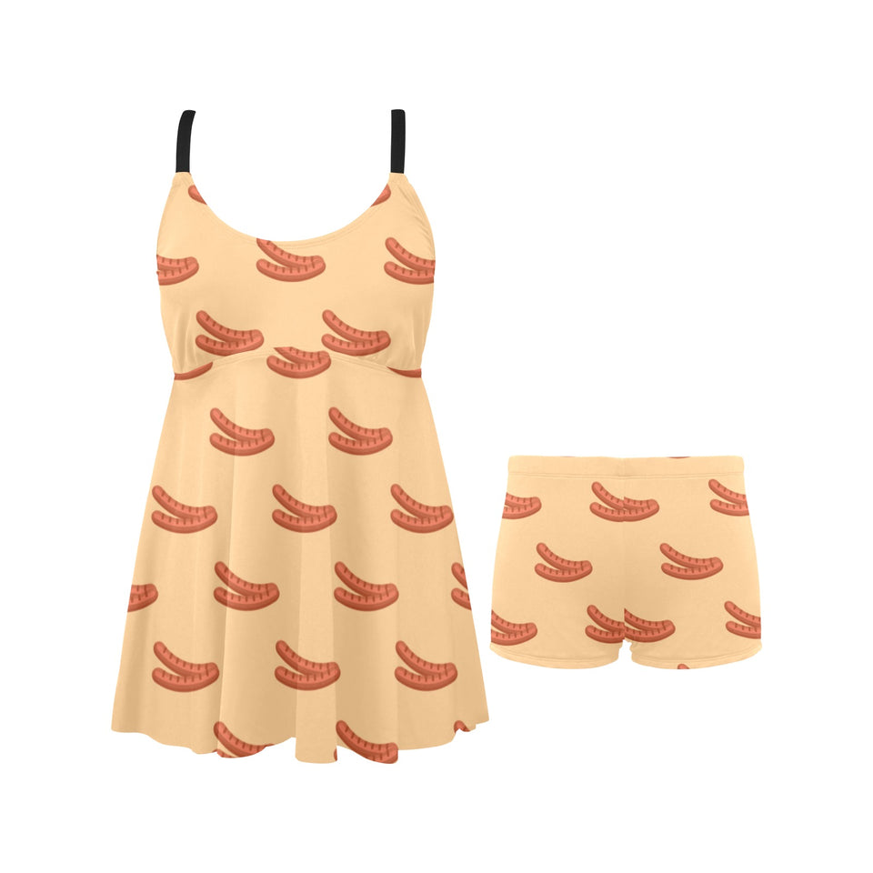 Sausage Pattern Print Design 03 Chest Sexy Pleated Two Piece Swim Dress