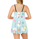 Cute snowman snowflake pattern Chest Sexy Pleated Two Piece Swim Dress
