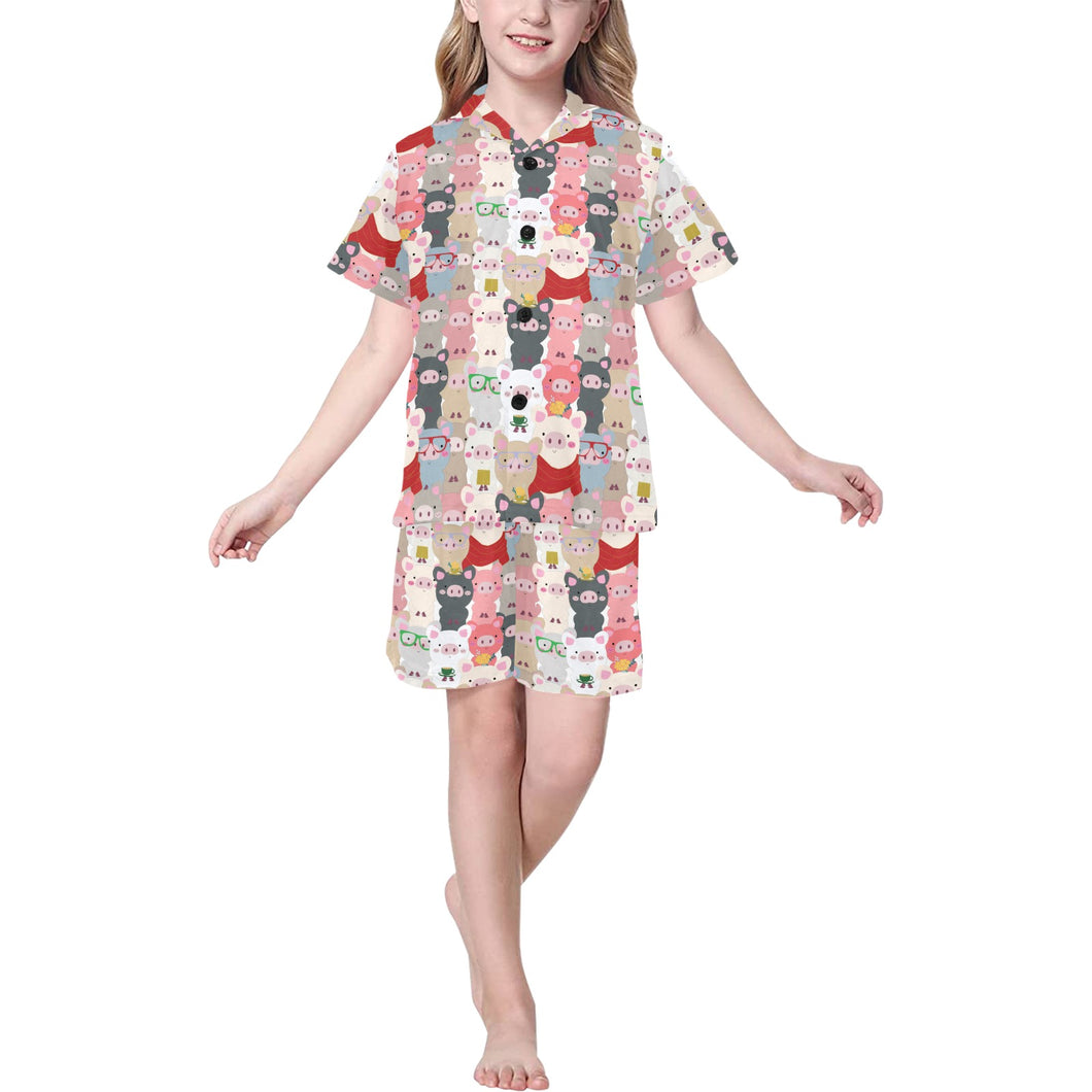 Pig Pattern Print Design 02 Kids' Boys' Girls' V-Neck Short Pajama Set