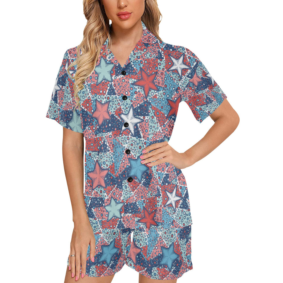 Hand drawn colorful starfish Women's V-Neck Short Pajama Set