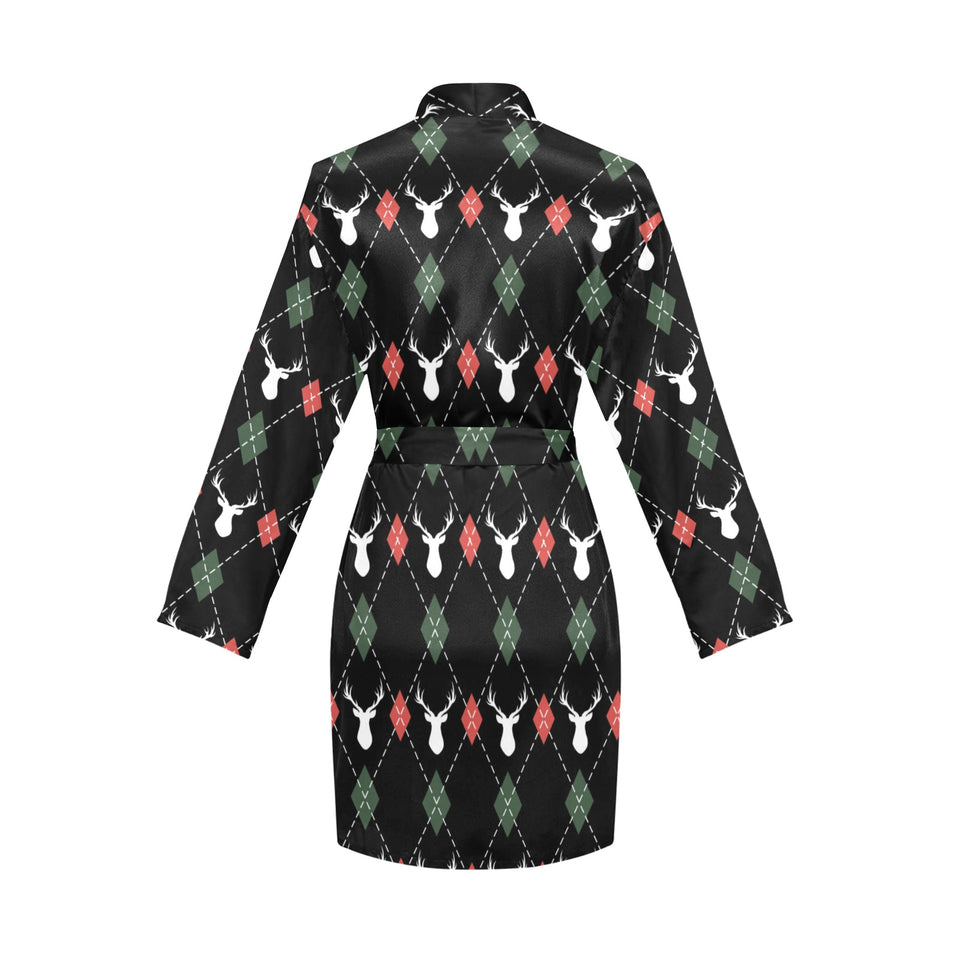 Deer Christmas new year pattern argyle Women's Long Sleeve Belted Night Robe