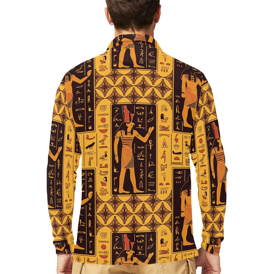 Egypt Hieroglyphics Pattern Print Design 05 Men's Long Sleeve Polo Shirt
