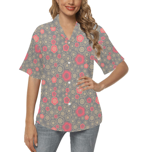 Red gold Sakura cherry blossom gray background Women's All Over Print Hawaiian Shirt