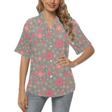 Red gold Sakura cherry blossom gray background Women's All Over Print Hawaiian Shirt