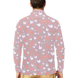 coral white heart pattern Men's Long Sleeve Polo Shirt